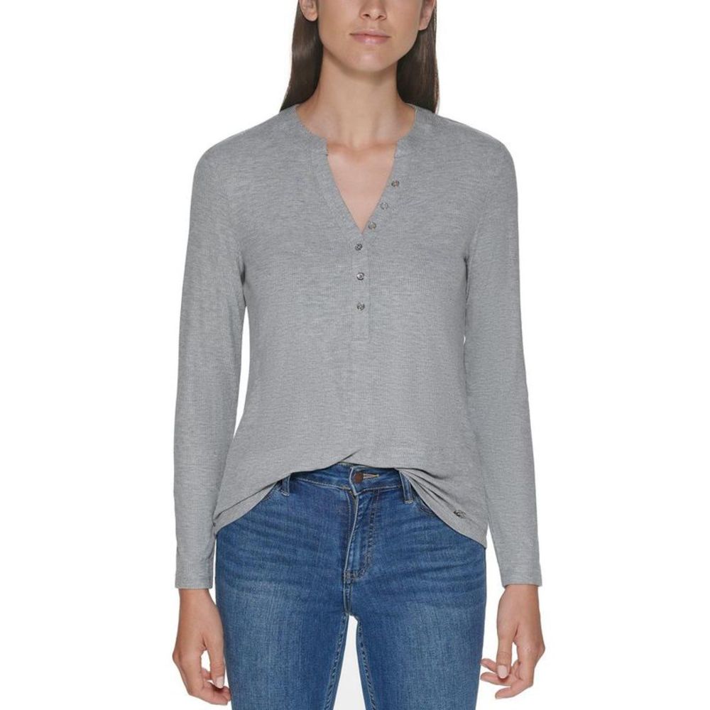 Calvin Klein Womens Gray Split Neck Ribbed Shirt Henley Top